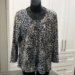 Alia Leopard Print Long Sleeve Top | Ruched Neckline | Blue & Brown | Women’s M